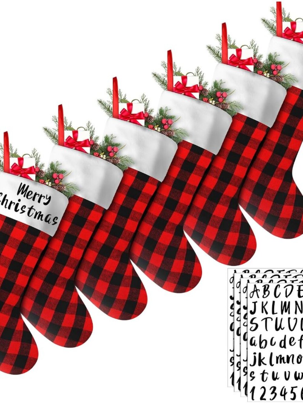6pcs Christmas Stocking Buffalo Plaid Decor, Black Red